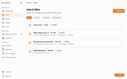 IndiFlow jobs and sites screen, real product footage